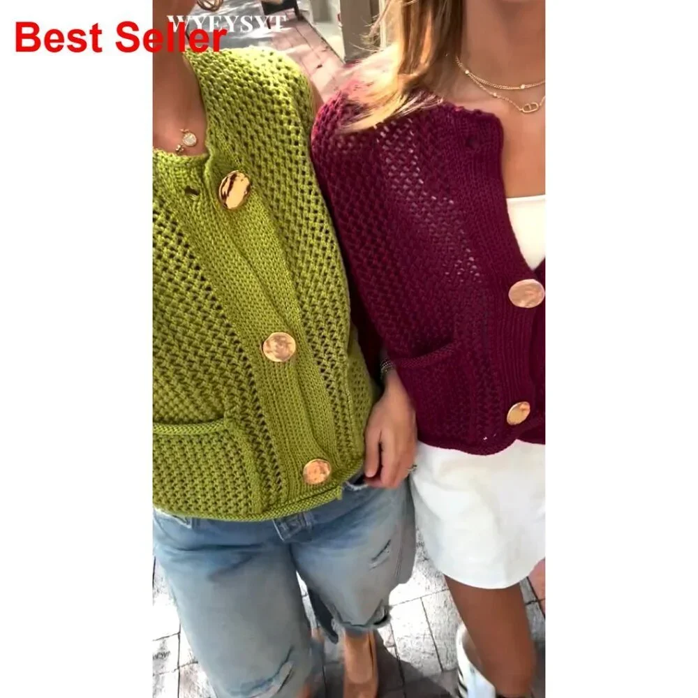Cropped Cardigan Sweater Chunky Knit Open Front Long Sleeve Gold Buttons